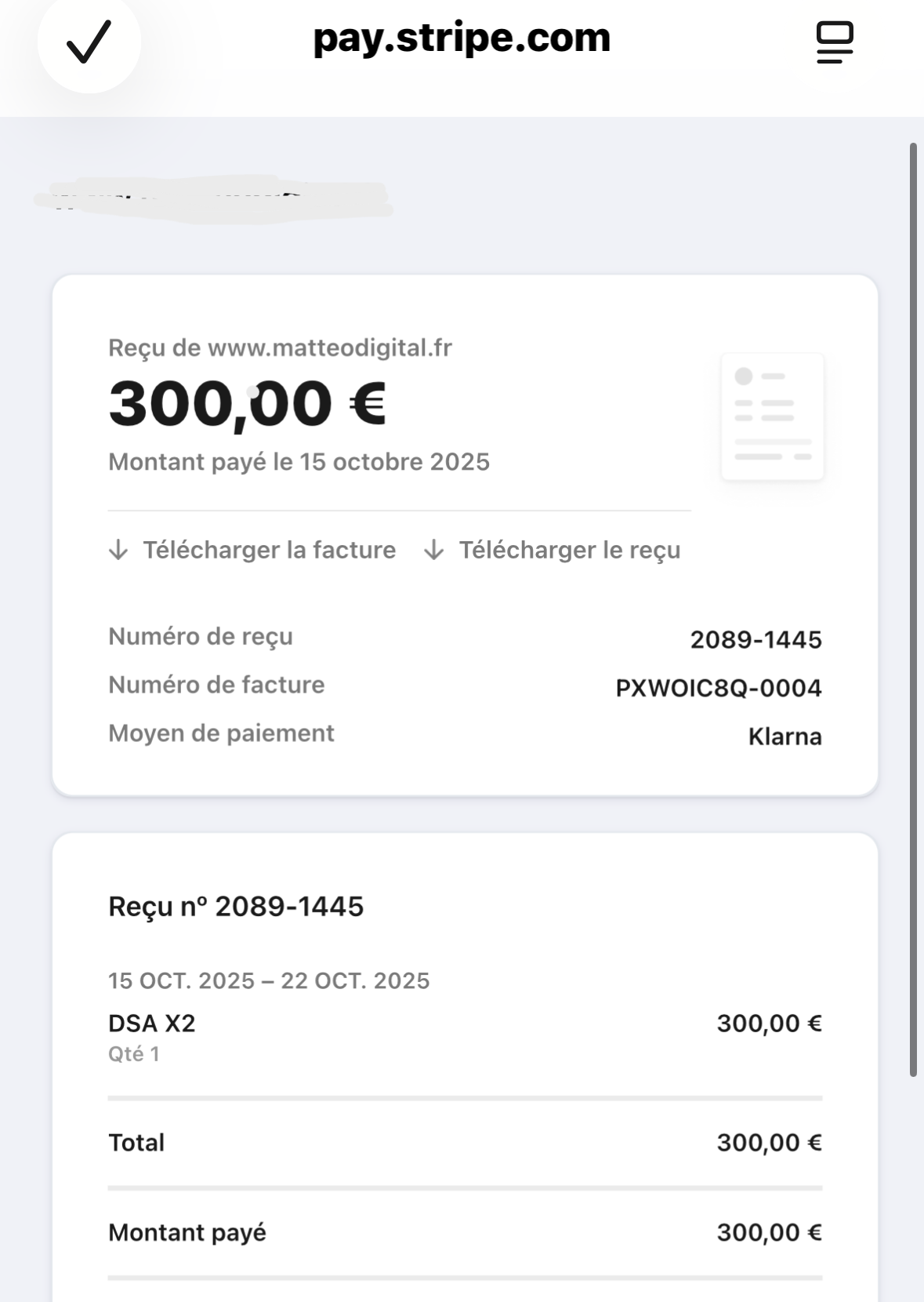 Reçu Stripe de 300 € daté du 15 octobre 2025, données personnelles masquées